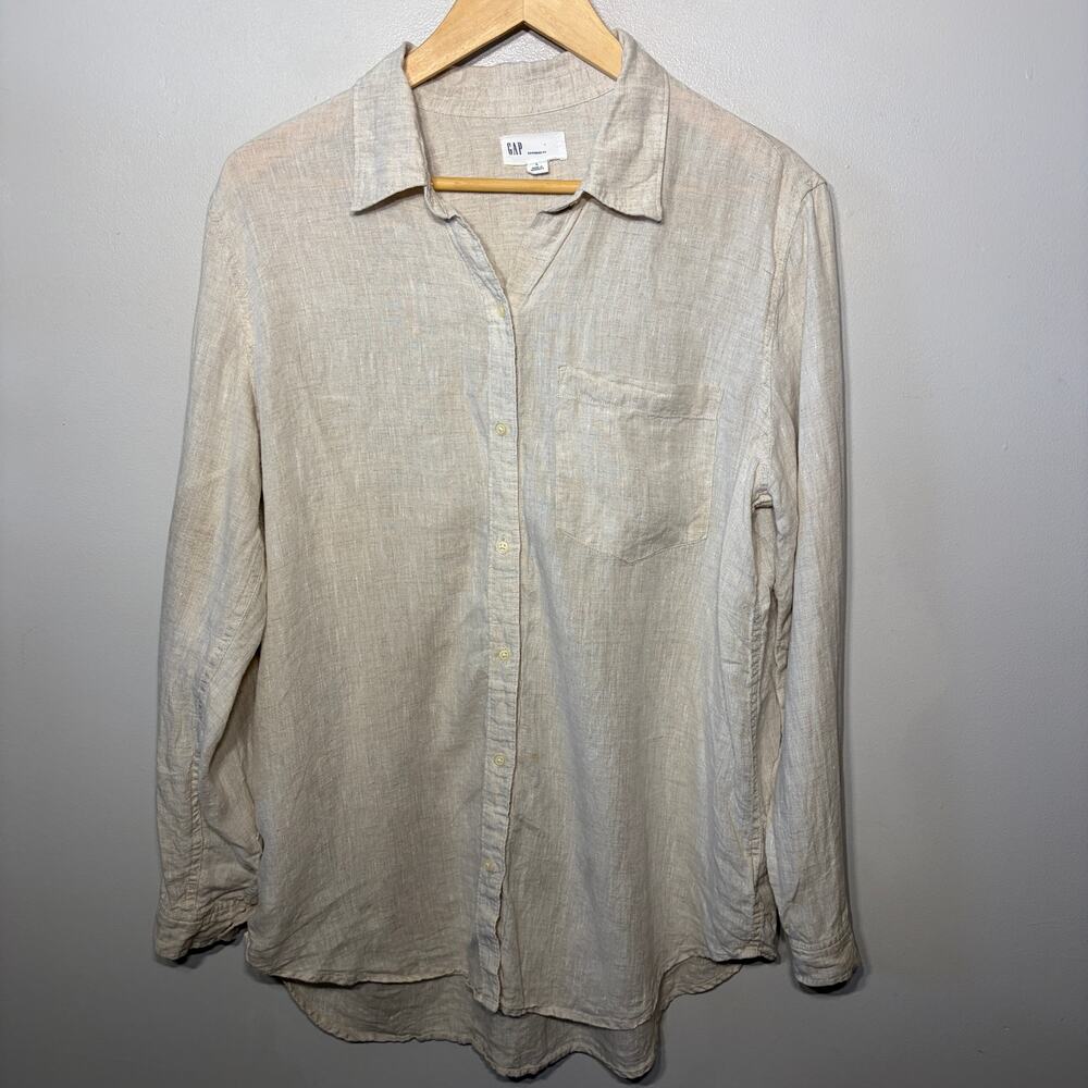 Gap Shirt Boyfriend Fit Button Up Beige Linen Beachy Coastal Granola Normcore L